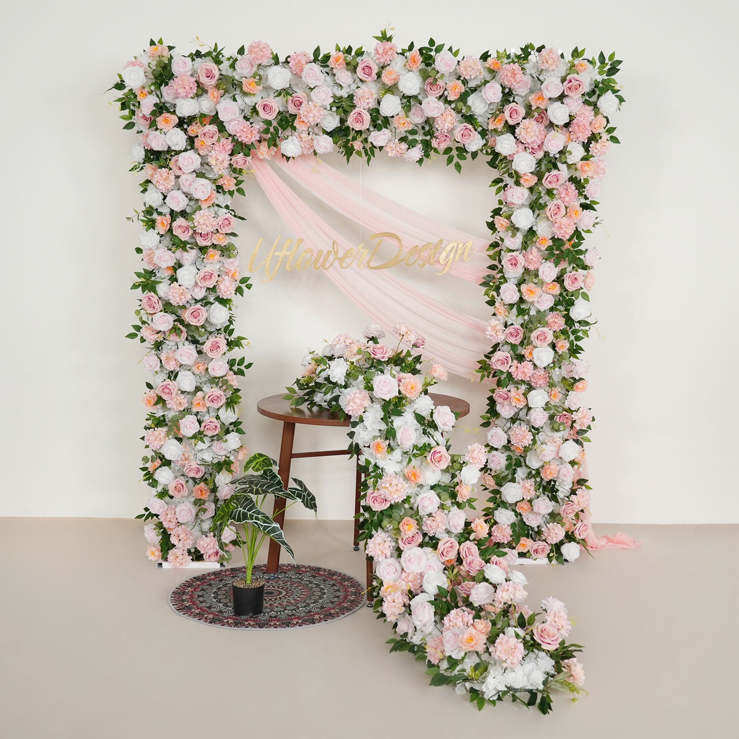 Uflower Pink White Rose Floral Square Arch Wedding Party Backdrop Decoration